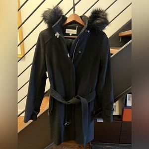 Calvin Klein belted jacket with fur hood